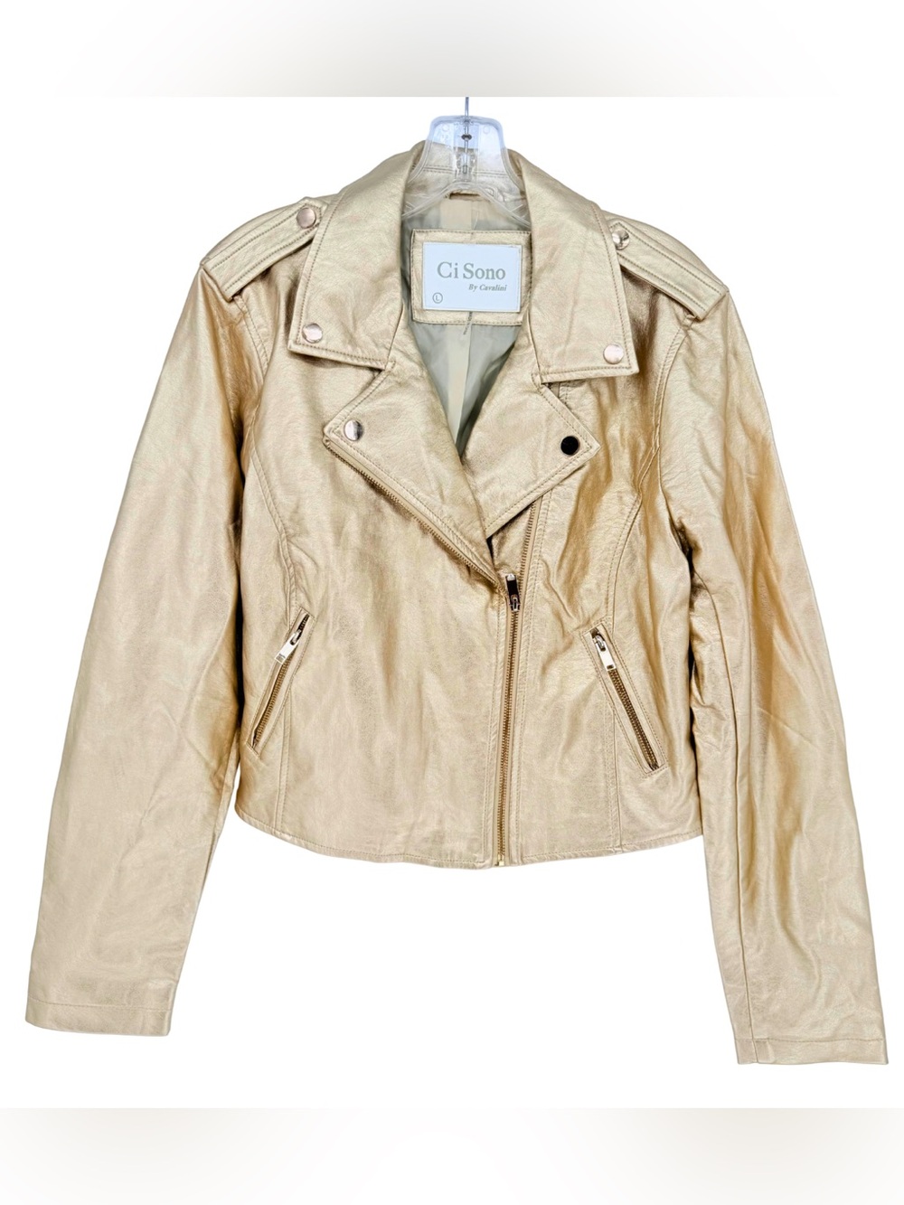 NWT Ci Sono Gold Metallic Vegan Leather Moto Jacket Large Glam Biker Maximalist